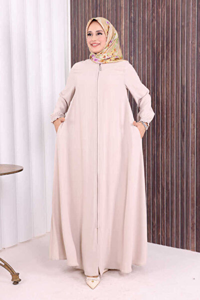 Bym Fashion Fermuarlı Kol Manşetleri Büzgülü Mevlana Ferace 6007 Taş