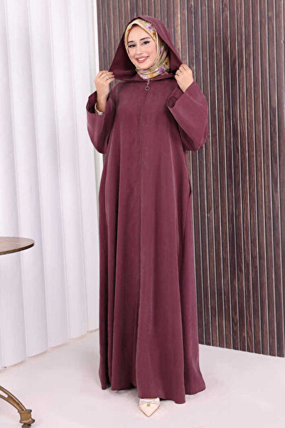 Bym Fashion Fermuarlı Kapüşonlu Ferace 70016 Mürdüm