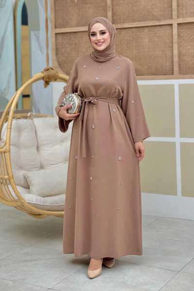 Bym Fashion Taş Detaylı Bel Kuşaklı Elbise 3797 Vizon