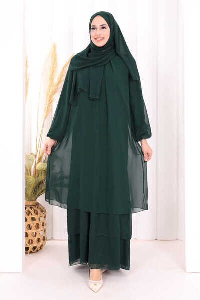 Bym Fashion Kat Kat Görünüm Kol Manşetleri Lastikli Şifon Elbise 3060 Zümrüt