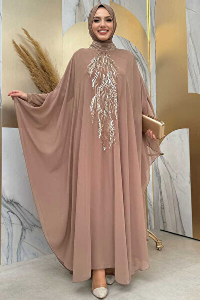 Bym Fashion Pul Payet İşlemeli Şifon Pelerinli Elbiseli Abiye Takım 3774 Vizon