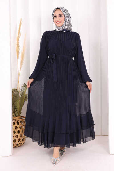 Bym Fashion Piliseli Kat Kat Detaylı Astarlı Elbise 3836 Lacivert