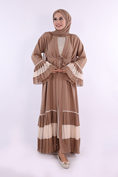 Bym Fashion Kol ve Etek Ucu İki Renkli Bel Kuşaklı Piliseli Abaya 7454 Vizon