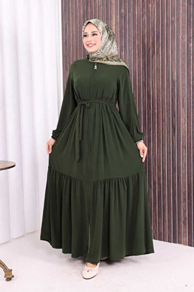 Bym Fashion Φόρεμα με μανίκια με φερμουάρ Ελαστικό βολάν 6001 Χακί