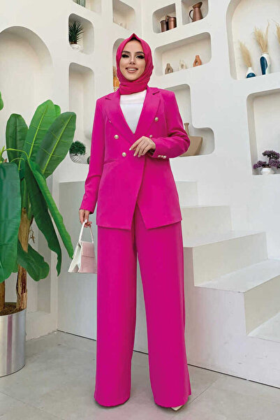 Bym Fashion Düğme Detay Blazer Ceket Bol Pantolon Takım 8302 Fuşya