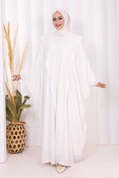 Bym Fashion Kapüşonlu Abaya ve Elbise İkili Takım 70013 Ekru