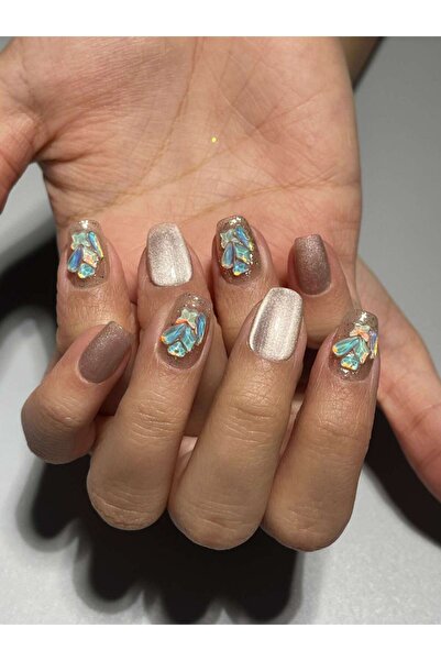 wow kutu 130765 M Beden Altın Simli Kedi Gözü Taşlı Protez Jel Takma Tırnak V...