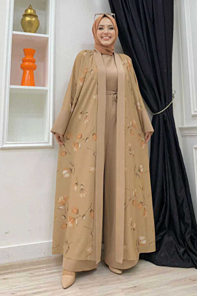 Bym Fashion Desenli Abaya Düz Cep Detay Kuşaklı Sıfır Kol Tulum Takım 8312 Taba