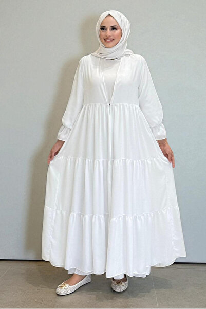 Bym Fashion Kol Lastikli Kat Görünümlü Abayalı Elbise Takım 3859 Ekru