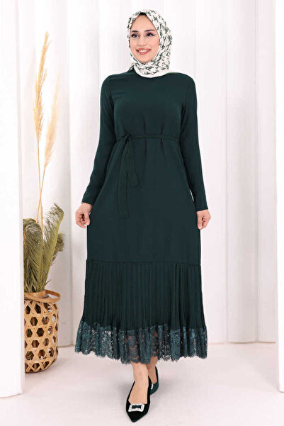 Bym Fashion Etek Ucu Piliseli Dantel Görünümlü Kuşaklı Elbise 3890 Zümrüt