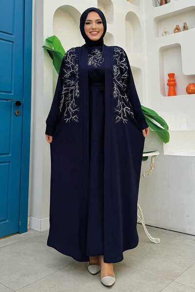 Bym Fashion İşleme Detaylı Abaya ve Elbise Takım 8486 Lacivert