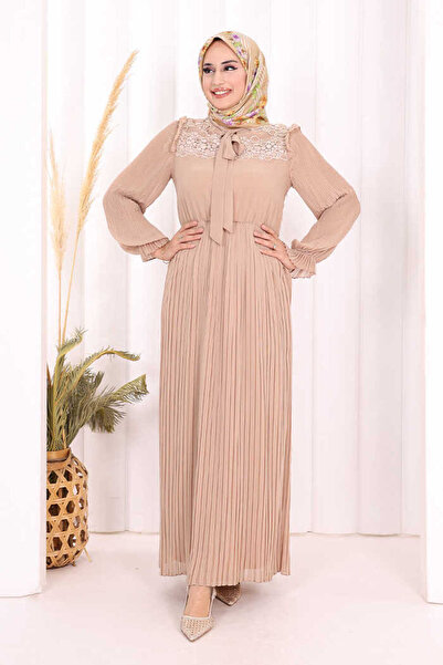 Bym Fashion Piliseli Omuz Kısmı Dantel Görünümlü Yaka Detay Elbise 3726 Taş