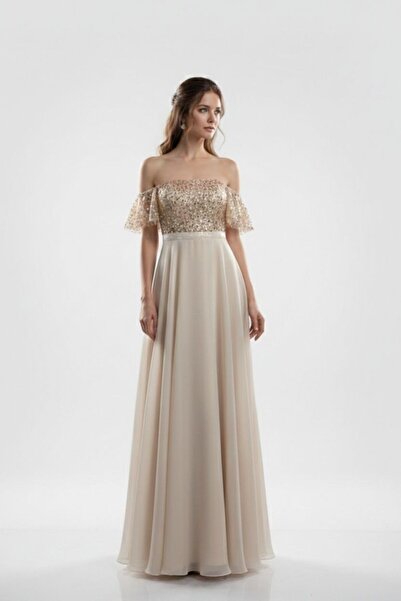 Tangül&Ali'S Moda Evi İşlemeli Düşük Kol Maxi Bej Abiye