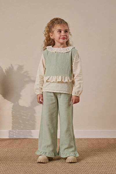 Minipodyum Муслинова блуза с наборки по подгъва, панталони и 3-компонентен пр...