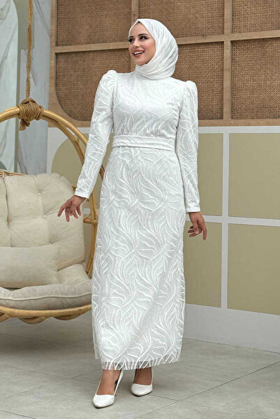 Bym Fashion Dal Desenli Simli Tül Abiye Elbise 1140 Ekru