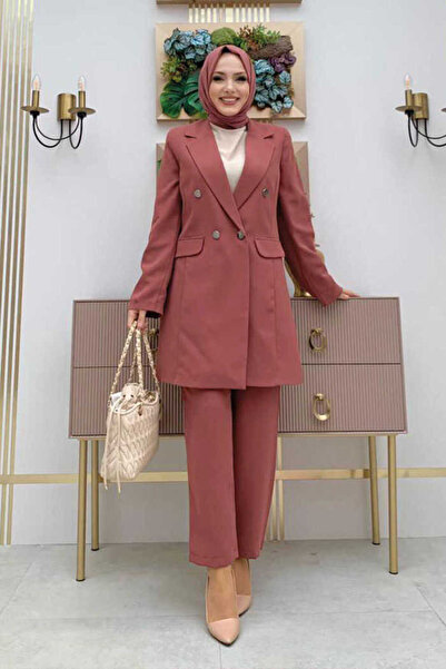 Bym Fashion Düğme Detaylı Kısa Ceket Pantolon Takım 8352 Gül Kurusu