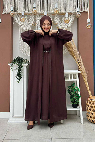 Bym Fashion طقم عباية فستان حجري للخصر والكاحل 8490 بني