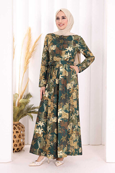 Bym Fashion Göğüs Kısmı Gizli Düğmeli Bel Kuşaklı Baskı Desenli Tulum 3486 Zü...