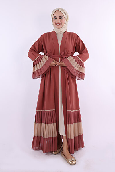 Bym Fashion Kol ve Etek Ucu İki Renkli Bel Kuşaklı Piliseli Abaya 7454 Gül Ku...