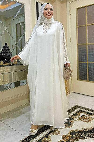 Bym Fashion Taş İşlemeli Elbiseli Abaya Takım 8499 Ekru