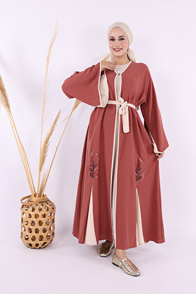 Bym Fashion Nakış İşleme Detaylı Bel Kuşaklı Abaya 7901 Gül Kurusu