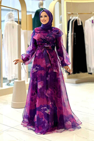 Bym Fashion Kendinden Desenli Renkli Tül Abiye 7047 Fuşya