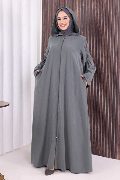 Bym Fashion Fermuarlı Kapüşonlu Ferace 70016 Füme