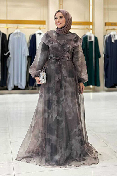 Bym Fashion Kendinden Desenli Renkli Tül Abiye 7047 Gri