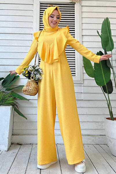 Bym Fashion جمبسوت بكتف مكشكش وسحاب خلفي 3780 أصفر