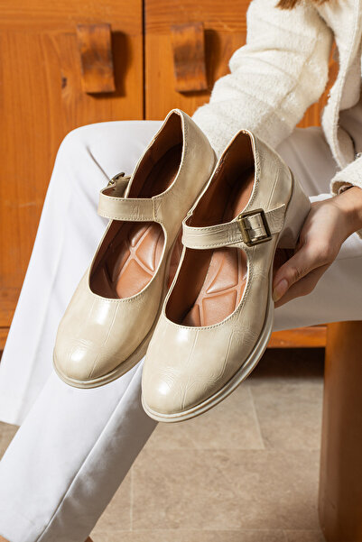 dabab shoes CLARISSA Kadın Bej Ortopedik 4 cm Topuklu Tokalı Yuvarlak Burun B...