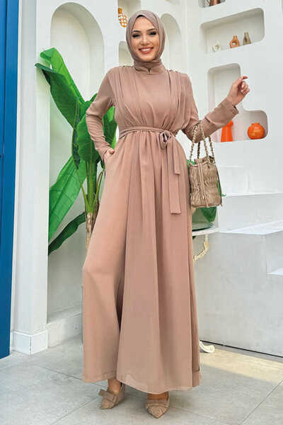 Bym Fashion Şifon Pelerin Detay Bel Kuşaklı Tulum 3330 Vizon