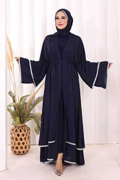 Bym Fashion Taş İşlemeli Kat Detay Abaya ŞAL HEDİYE 7883 Lacivert