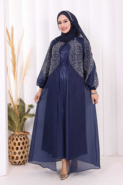 Bym Fashion Taş Detaylı Elbise Abaya Takım 3943 Lacivert