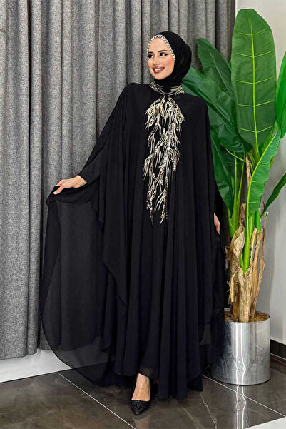 Bym Fashion طقم فستان سهرة من الشيفون المطرز بالترتر مع كيب 3774 أسود