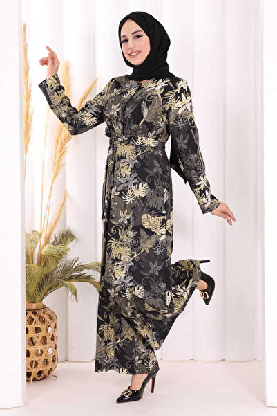 Bym Fashion Göğüs Kısmı Gizli Düğmeli Bel Kuşaklı Baskı Desenli Tulum 3486 Siyah