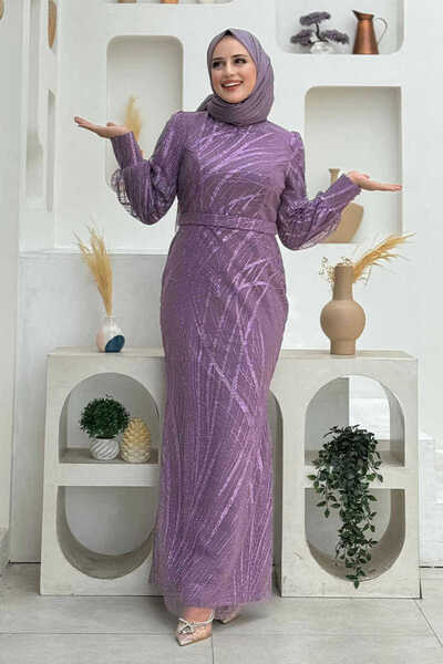 Bym Fashion Desenli Bel Kemerli Balık Abiye Elbise 1139 Lila