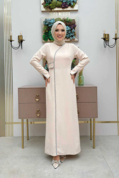 Bym Fashion Rękawy z rozcięciem Sukienka z kamiennymi detalami 3866 Kamień