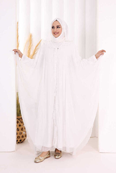 Bym Fashion Kapişonlu Belirli Kısımları Fırfır Detaylı Abayalı Elbise Takım 3...