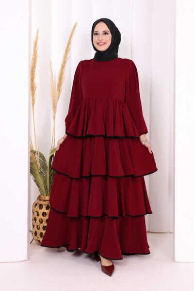 Bym Fashion Bel Kuşaklı Kat Detay Elbise 6029 Bordo