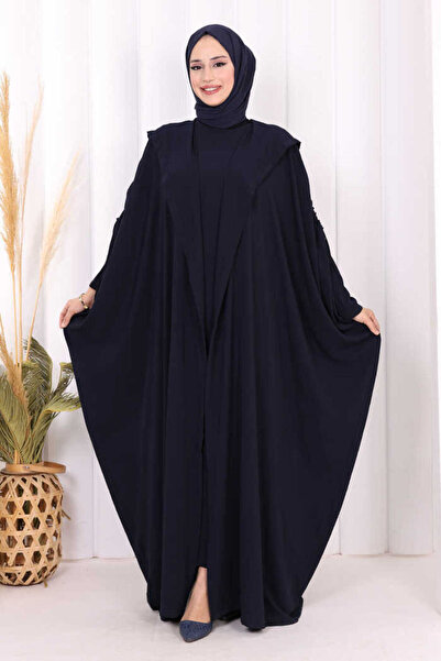 Bym Fashion Kapüşonlu Abaya ve Elbise İkili Takım 70013 Lacivert