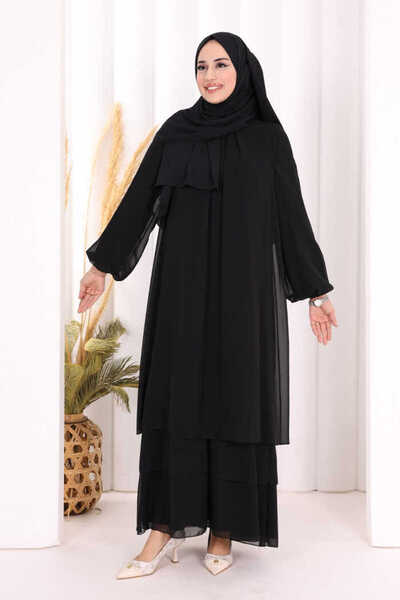 Bym Fashion Kat Kat Görünüm Kol Manşetleri Lastikli Şifon Elbise 3060 Siyah