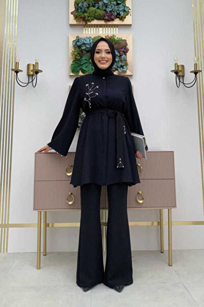 Bym Fashion Taş İşleme Detaylı Kuşaklı Tunik ve Pantolonlu Takım 8432 Siyah