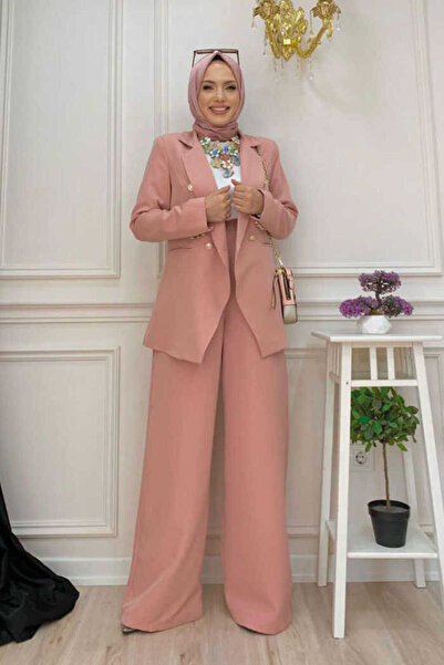 Bym Fashion Κουμπί Λεπτομέρεια Blazer Jacket Loose Trousers Set 8302 Powder