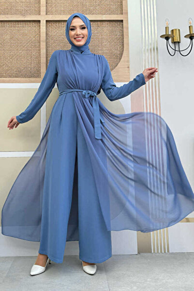 Bym Fashion Chiffon Cloak Detail Waist Belted Jumpsuit 3330 Indigo