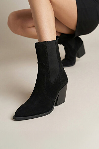 RABU Black Women's Genuine Leather Suede Thick Heeled Cowboy Western Boots – ...