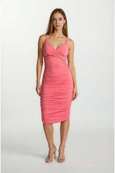 Spazio İneldeı İnce Askılı Kruvaze Yanları Büzgülü Kısa Abiye Elbise PEMBE