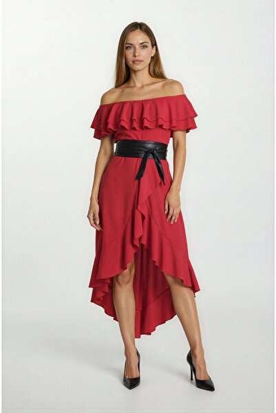 Spazio Harden Volanlı Uzun Abiye Elbise KIRMIZI