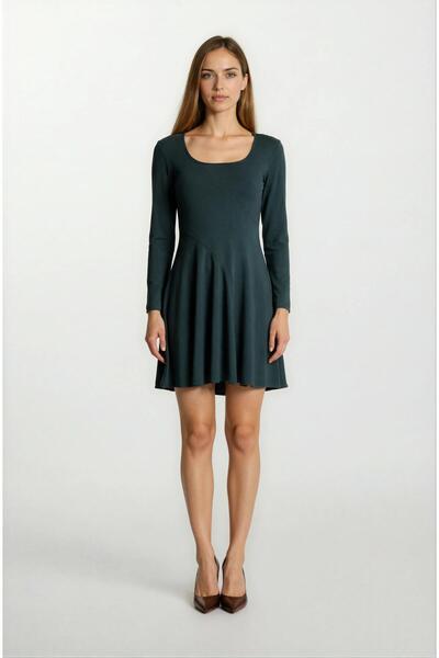 Spazio Eckert U Yaka Yanı Volanlı Elbise ZÜMRÜT