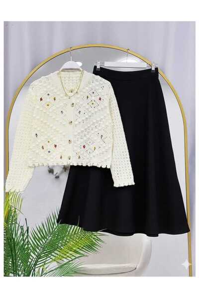 YEDİLALE SET DUBLU KIRÇİÇEĞİ TRİKO CU CARDIGAN ȘI FUSTA LARGĂ [cardigan mărim...