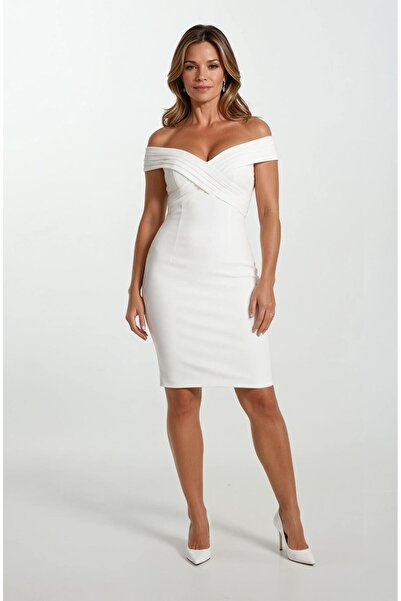 Spazio Odolina İnce Askılı Kruvaze Kayık Yaka Kısa Abiye Elbise EKRU